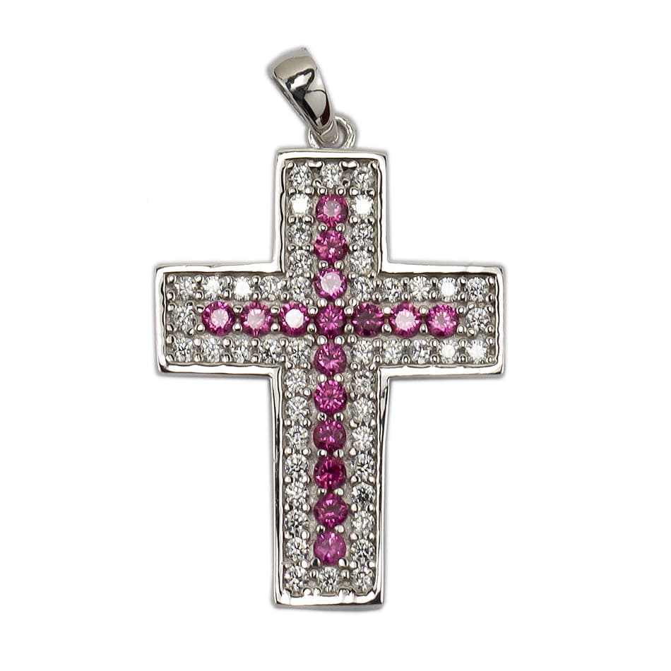 White Gold Plain Pink Zircon Cross