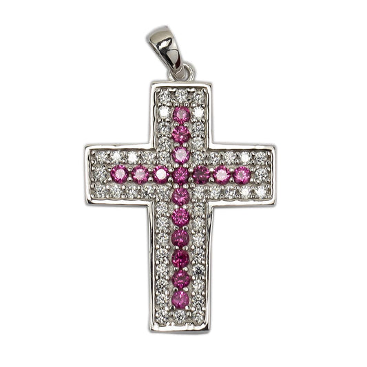 White Gold Plain Pink Zircon Cross