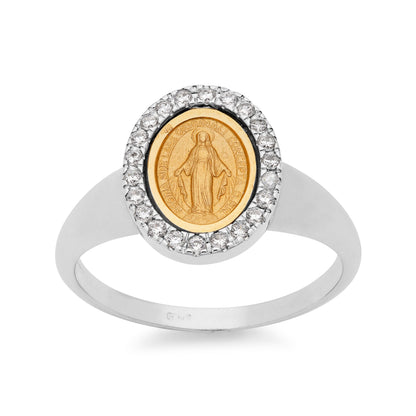 White Gold Ring With Miraculous Medal in Gold and Cubic Zirconia Details