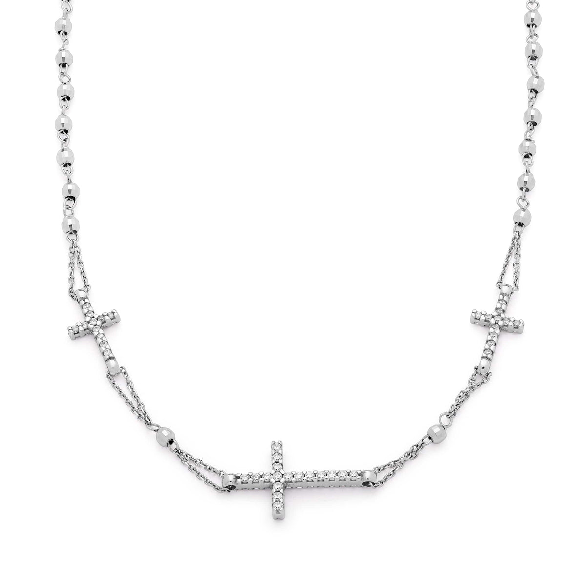 White Gold Rosary Beads Necklace Three Crosses