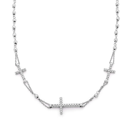 White Gold Rosary Beads Necklace Three Crosses
