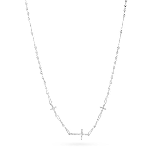 White Gold Rosary Beads Necklace Three Crosses