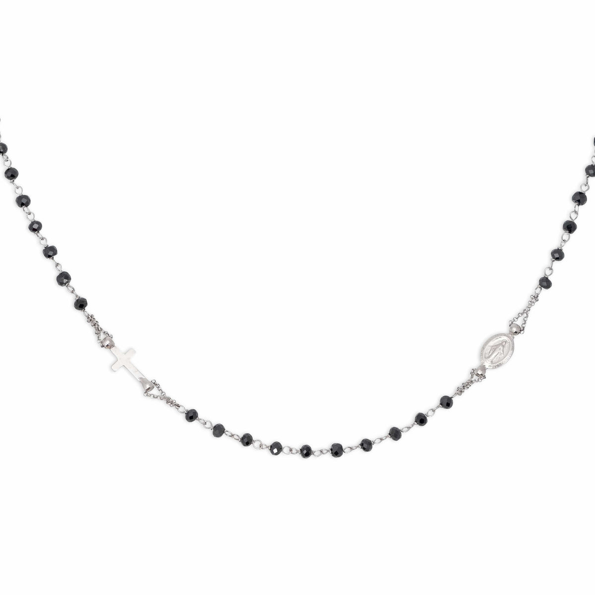 White Gold Rosary Necklace Black Crystals