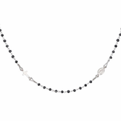 White Gold Rosary Necklace Black Crystals