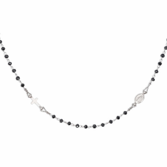 White Gold Rosary Necklace Black Crystals