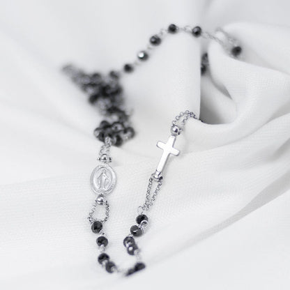 White Gold Rosary Necklace Black Crystals