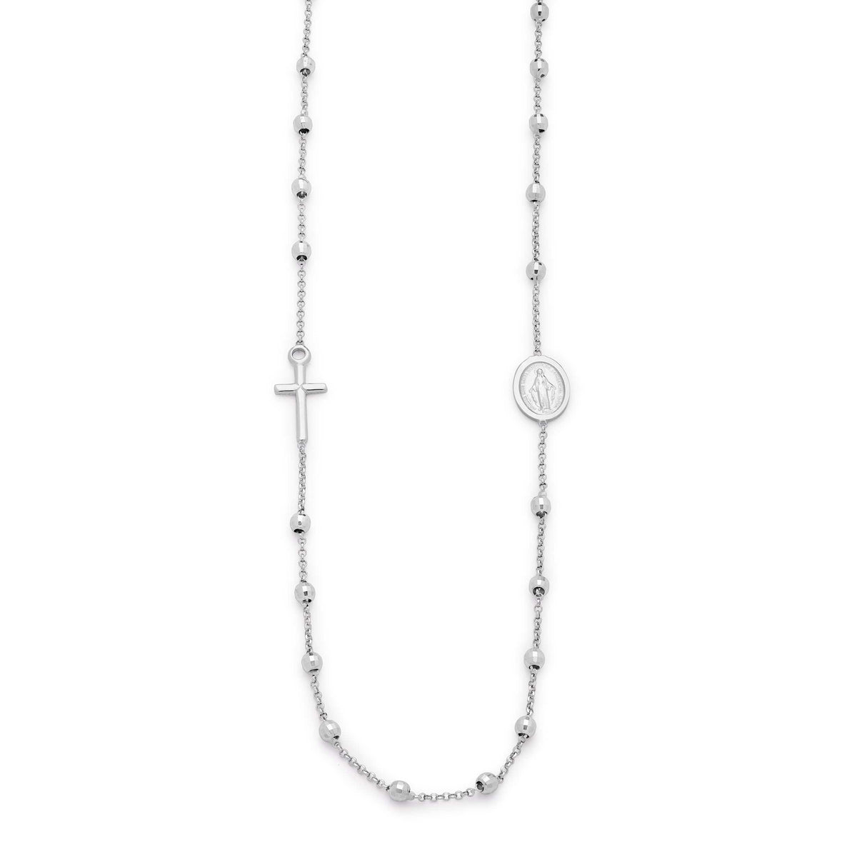White Gold Rosary Necklace Faceted Miraculous Mary
