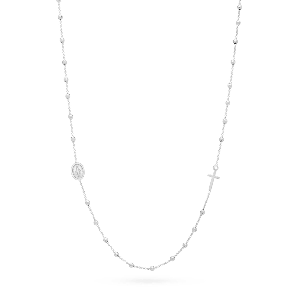 White Gold Rosary Necklace Faceted Miraculous Mary
