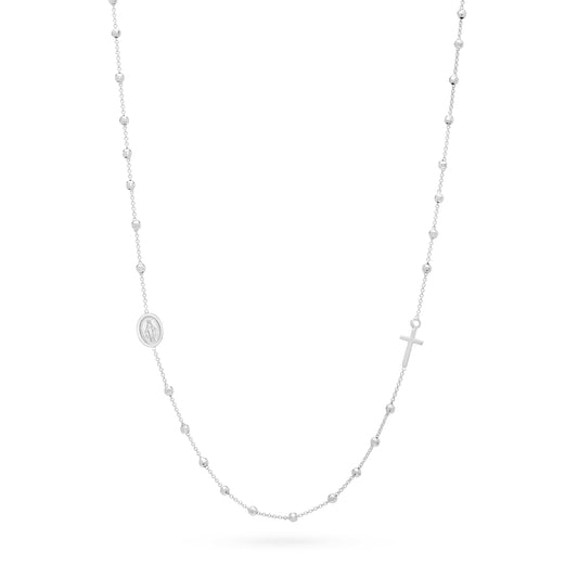 White Gold Rosary Necklace Faceted Miraculous Mary