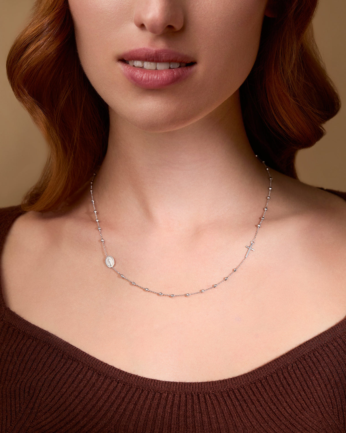 White Gold Rosary Necklace Faceted Miraculous Mary