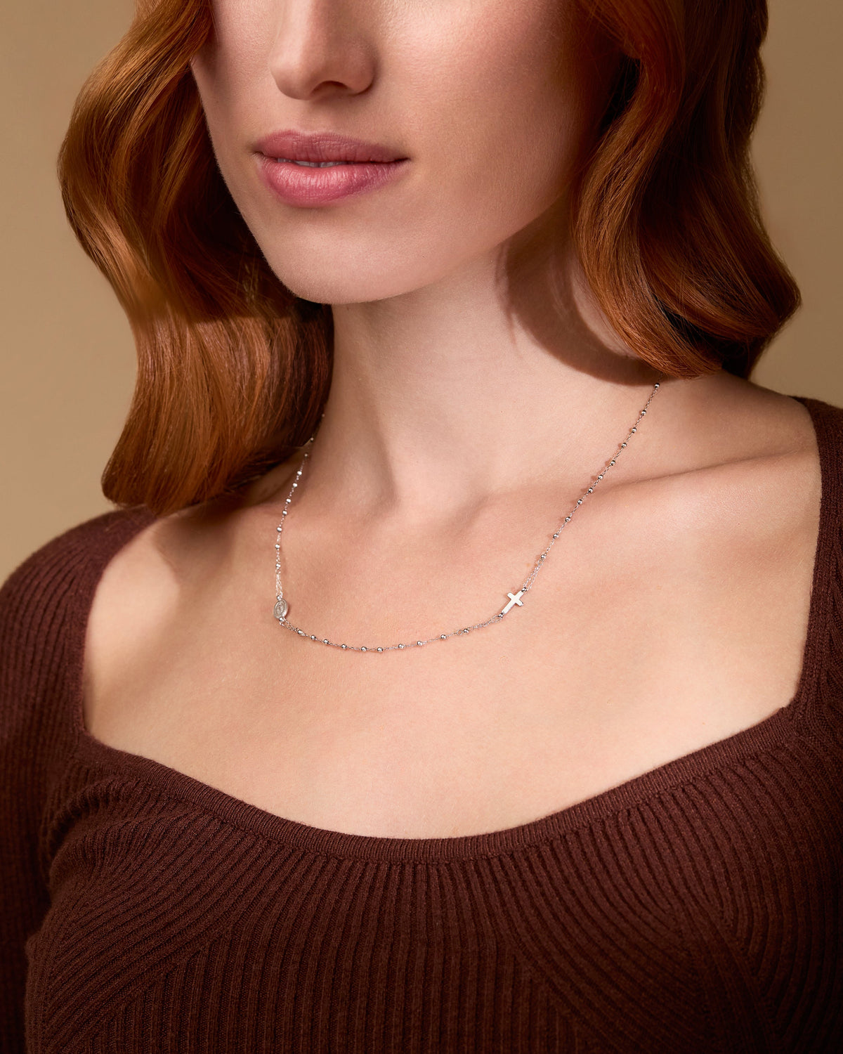 White Gold Simple Rosary Beads Necklace