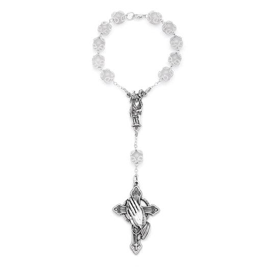 White Jade One-Decade Rosary Bracelet with St. Christopher and Praying Hands Cross