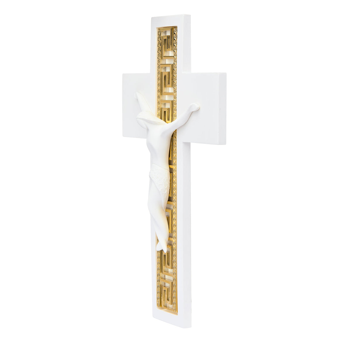 White Resin Crucifix with Gold Greek Key Motif Modern Style