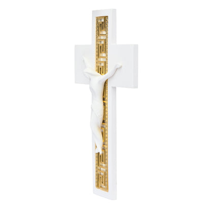 White Resin Crucifix with Gold Greek Key Motif Modern Style