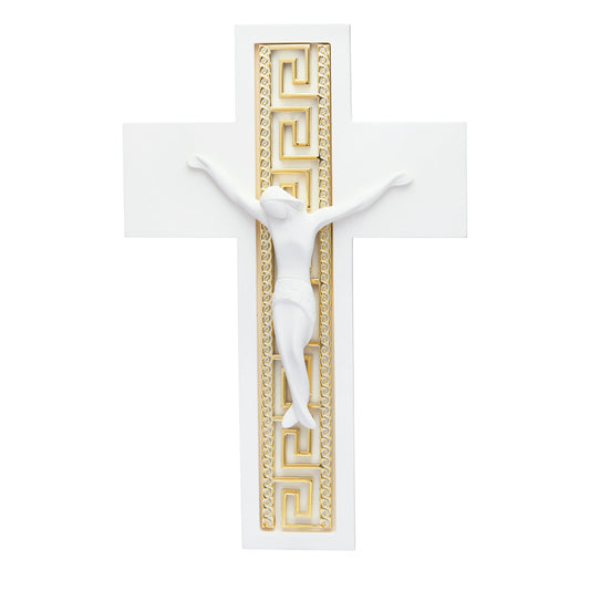 White Resin Crucifix with Gold Greek Key Motif Modern Style