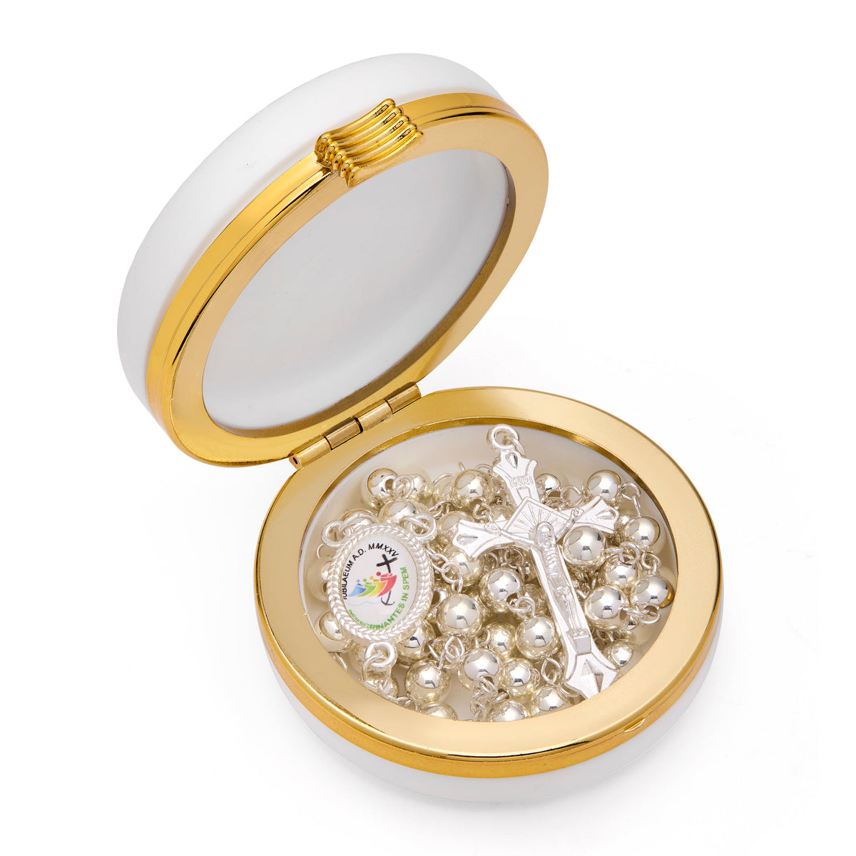 White Rosary Box of Jubilee 2025 With Metal Plaque and Metal Rosary