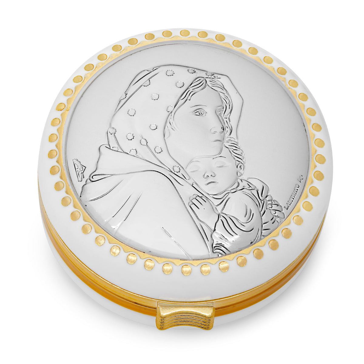 White Rosary Case of the Madonnina of Ferruzzi With Metal Plaque