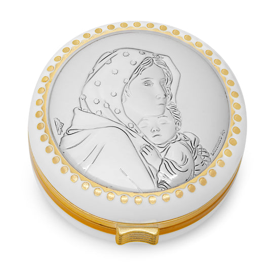 White Rosary Case of the Madonnina of Ferruzzi With Metal Plaque