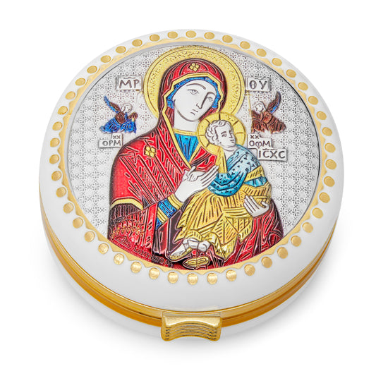 White Rosary Case of Our Lady of Perpetual Help With Metal Plaque and Colorful Details