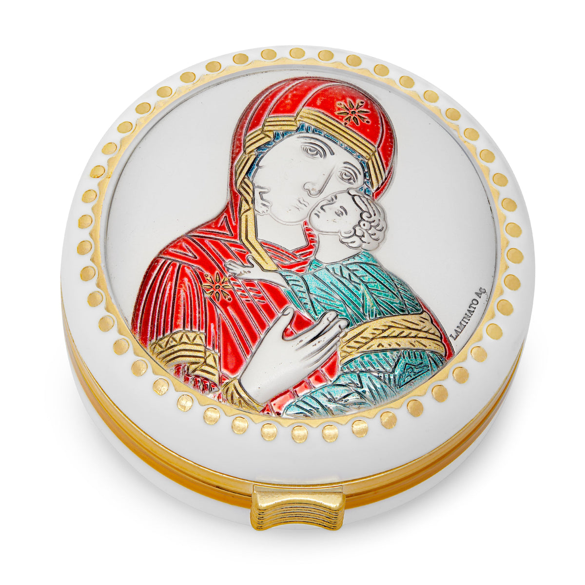 White Rosary Case of Virgin of Vladimir With Metal Plaque and Colorful Details