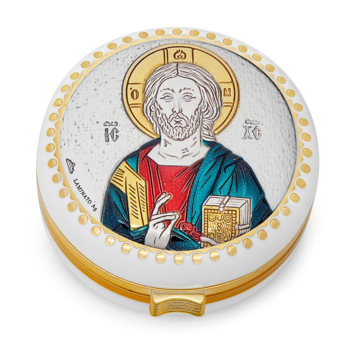 White Rosary Case of Jesus With Metal Plaque and Colorful Details