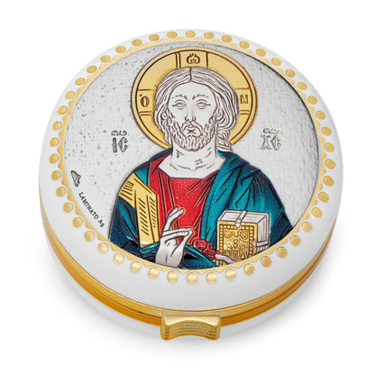 White Rosary Case of Jesus With Metal Plaque and Colorful Details
