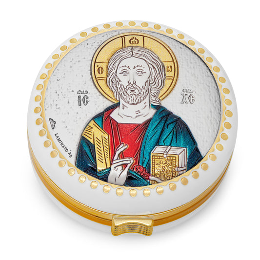 White Rosary Case of Jesus With Metal Plaque and Colorful Details