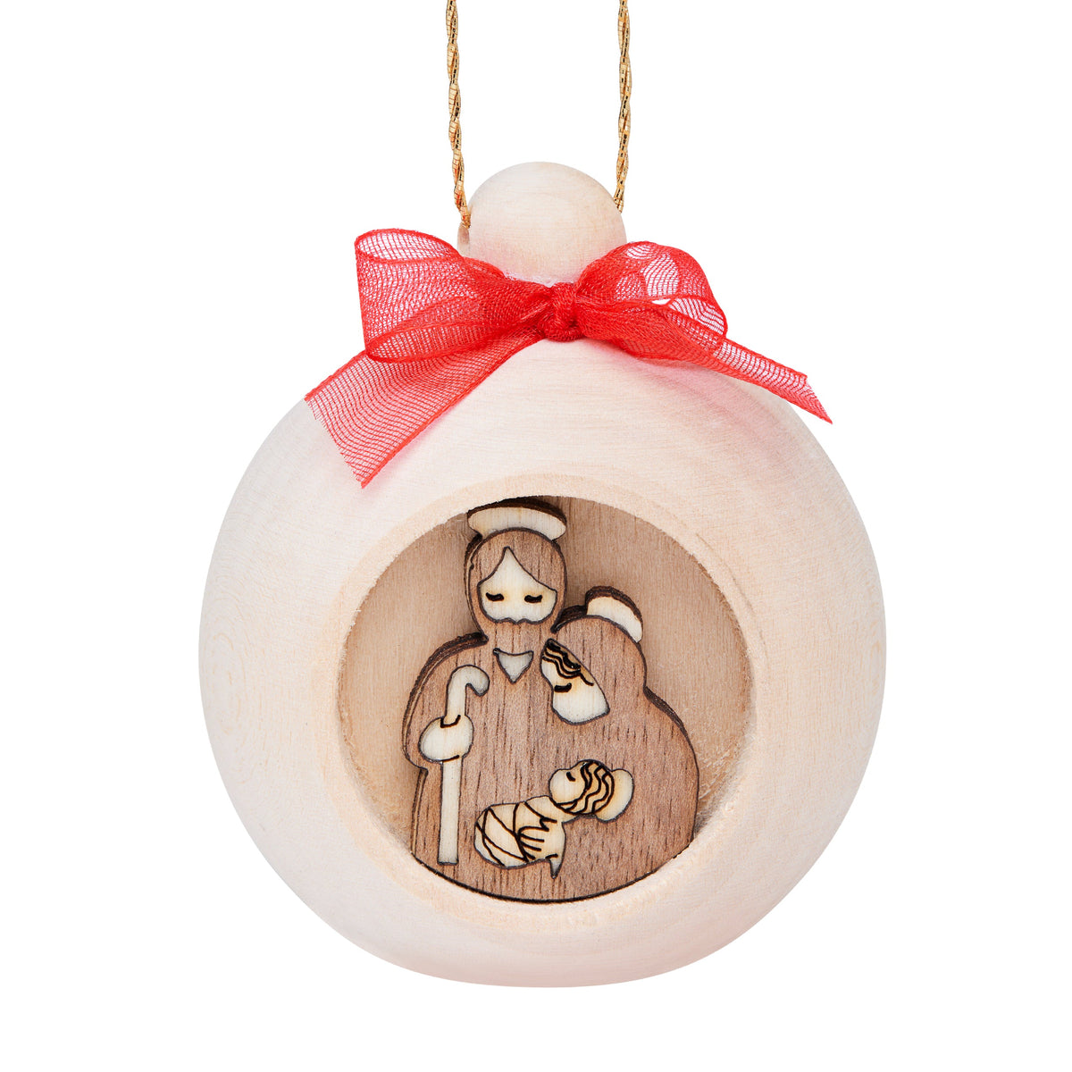 Wooden Christmas Ball with Carved Nativity Scene and a Red Bow