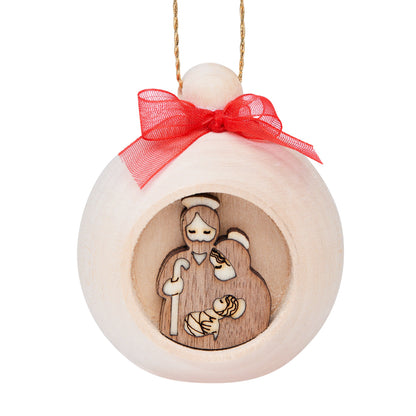 Wooden Christmas Ball with Carved Nativity Scene and a Red Bow