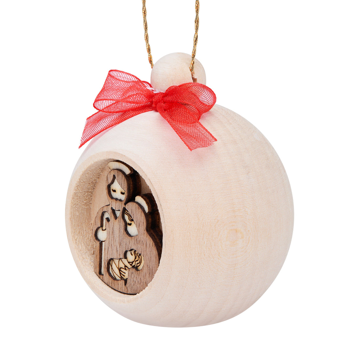Wooden Christmas Ball with Carved Nativity Scene and a Red Bow