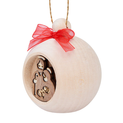 Wooden Christmas Ball with Carved Nativity Scene and a Red Bow