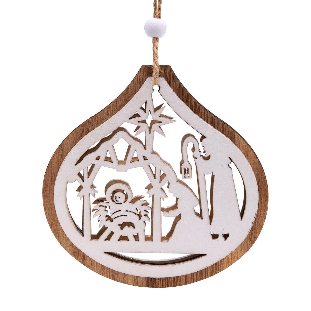 Wooden Christmas Decoration in the Shape of a Teardrop With Nativity Scene