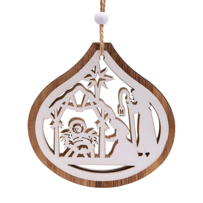 Wooden Christmas Decoration in the Shape of a Teardrop With Nativity Scene