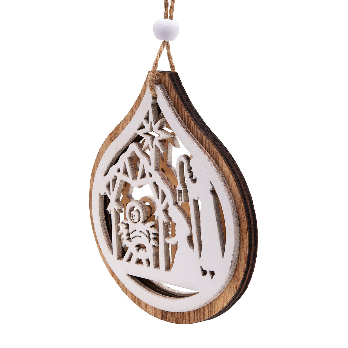 Wooden Christmas Decoration in the Shape of a Teardrop With Nativity Scene