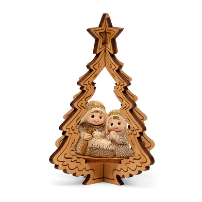 Wooden Christmas Tree With Resin Nativity Scene