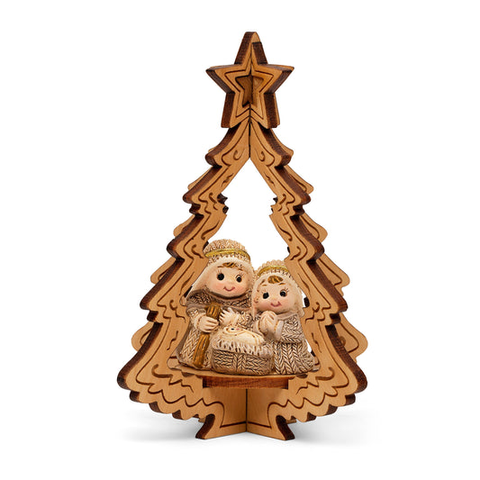 Wooden Christmas Tree With Resin Nativity Scene
