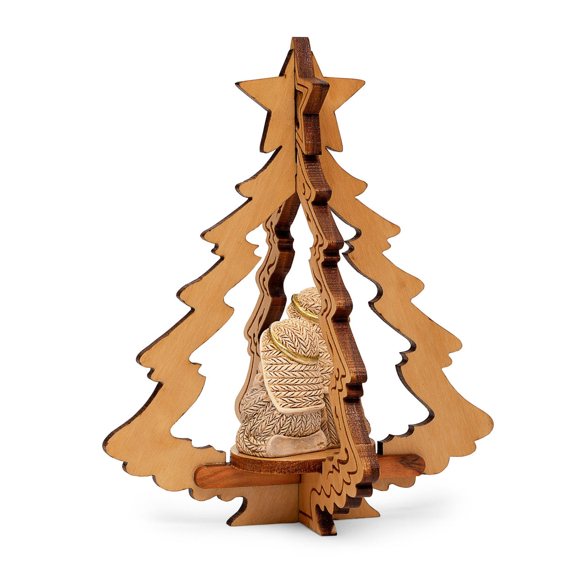 Wooden Christmas Tree With Resin Nativity Scene