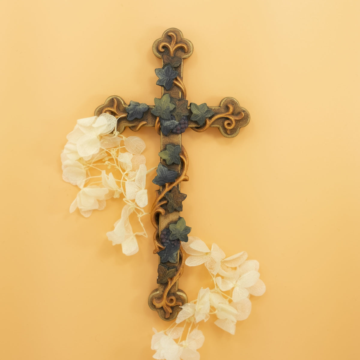 Wooden Cross With Grapes Leaves and Vine-shoots