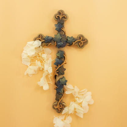 Wooden Cross With Grapes Leaves and Vine-shoots