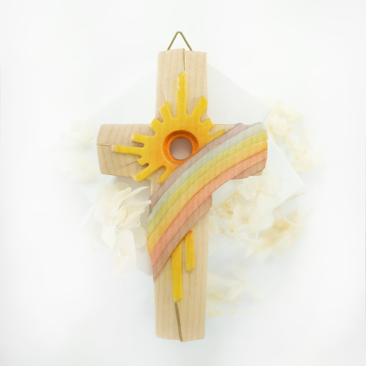 Wooden Cross With Sun and Rainbow