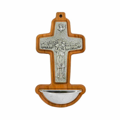 Wooden Holy Water Font Pope Francis's Good Shepherd Cross