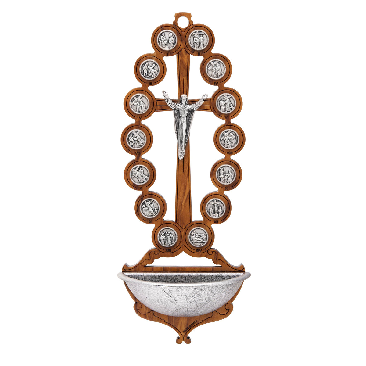 Wooden Holy Water Font with the Risen Christ and Via Crucis