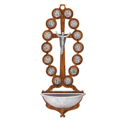 Wooden Holy Water Font with the Risen Christ and Via Crucis