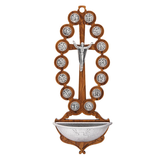 Wooden Holy Water Font with the Risen Christ and Via Crucis