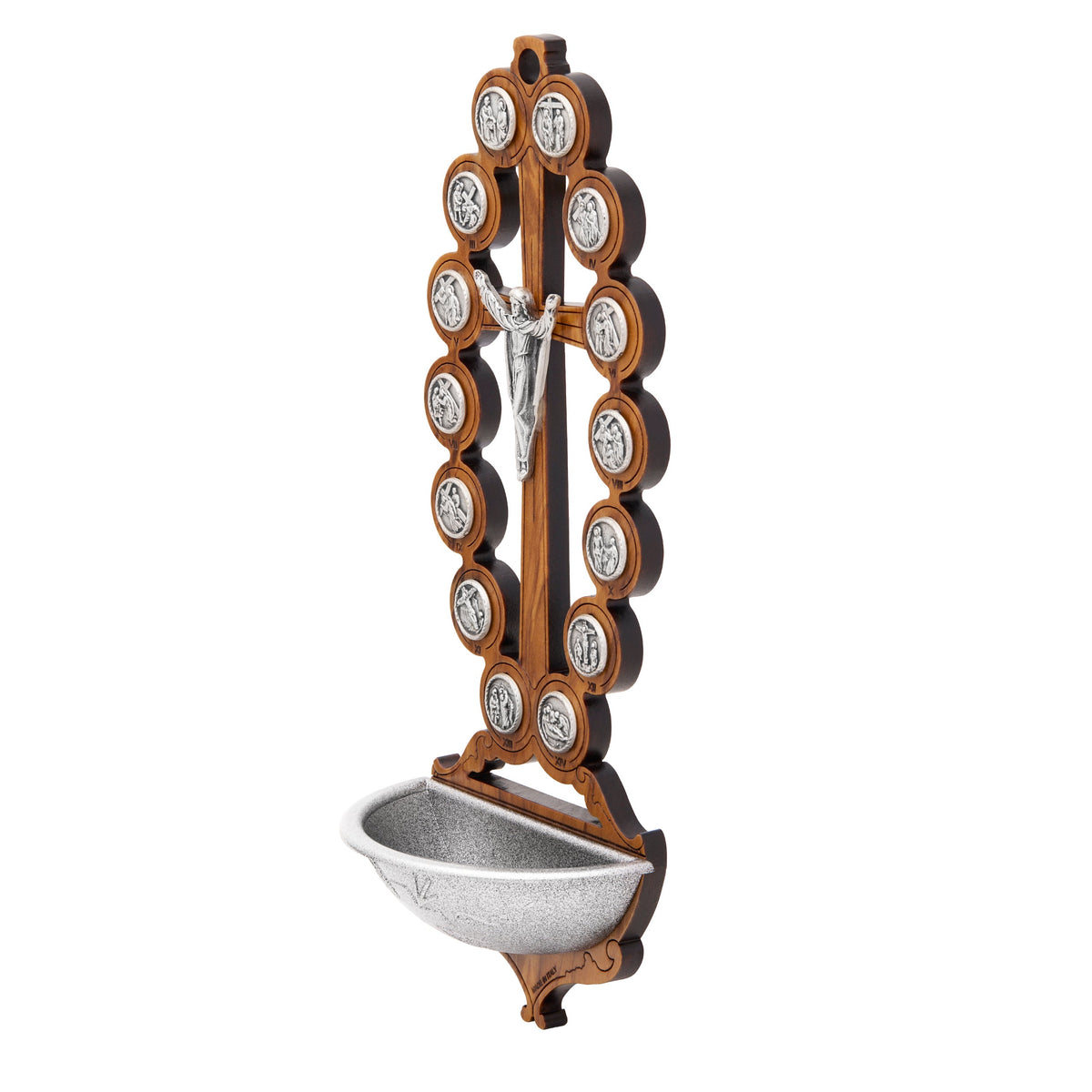 Wooden Holy Water Font with the Risen Christ and Via Crucis