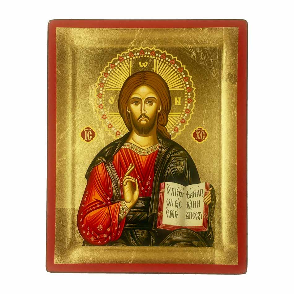 Wooden Icon with Red Frame of Jesus Christ