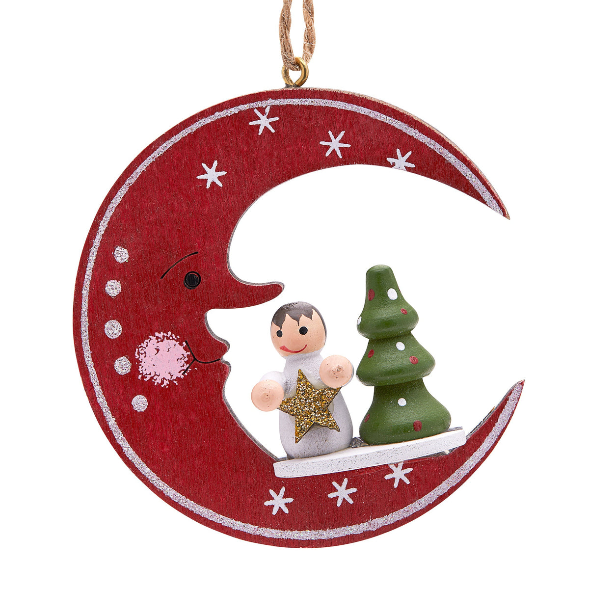 Wooden Moon-shaped Decoration With Resin Child and Christmas Tree