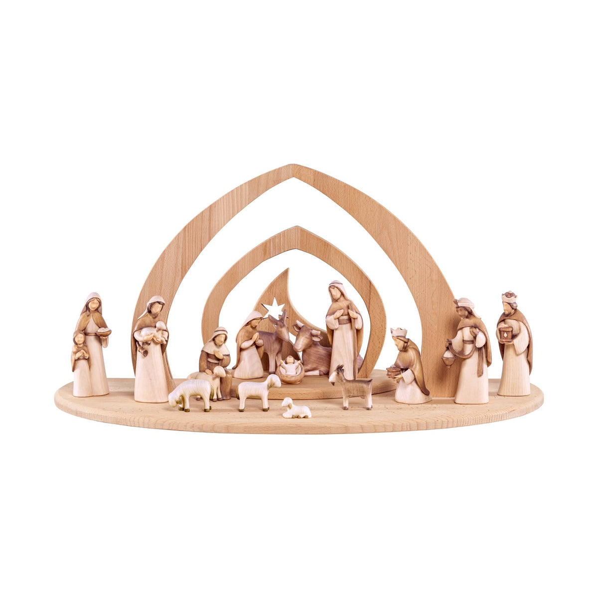 Wooden Nativity Scene Modern Style with Flame-shaped Stable, the Three Magi and Shepherds