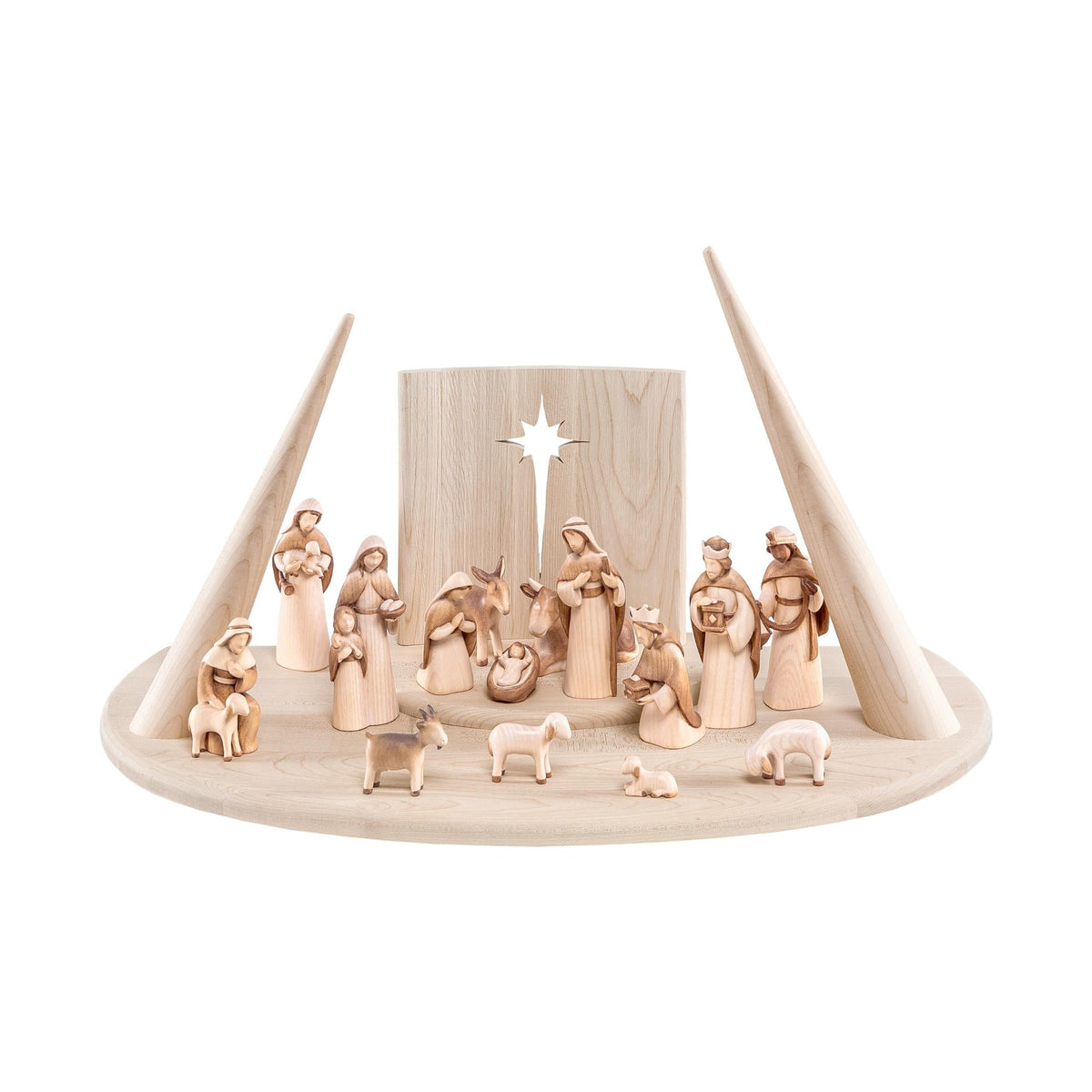Wooden Nativity Scene Modern Style with Scenic Stable, the Three Magi and Shepherds