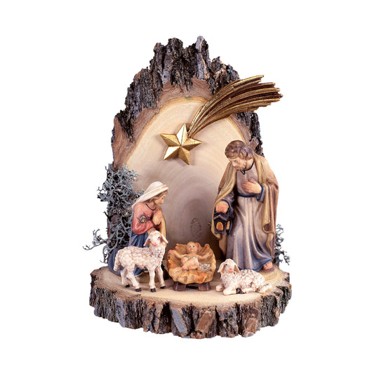Wooden Nativity Scene on a Log